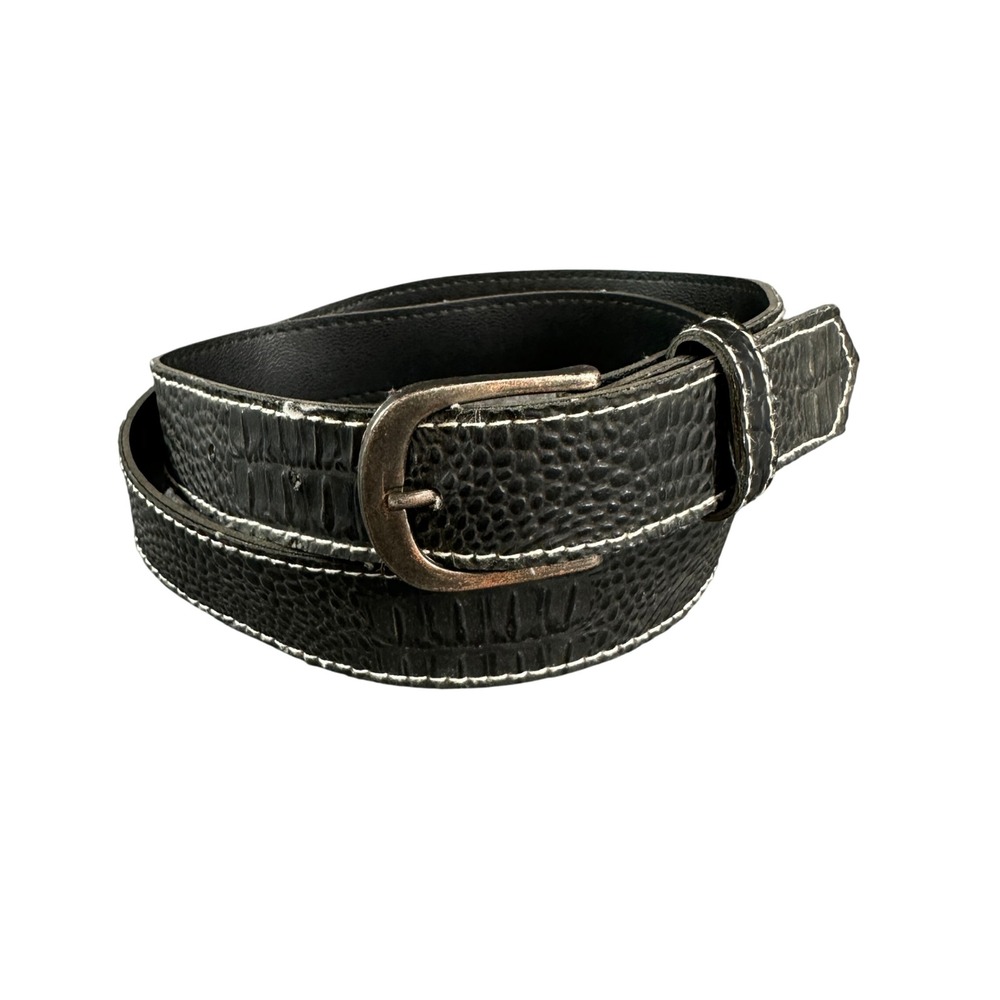 Black Faux Crocodile Ostrich Embossed Belt White Stitch Bronze Buckle 36 Inch